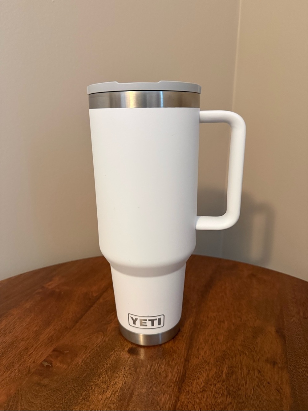 Yeti White Travel Mug with Handle and Stainless Accents